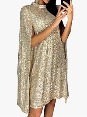 Gold Sequin Cape Mini Dress - High Neck Party Dress